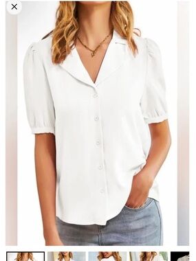 Grace Karin White Button-Down Puff Sleeve Blouse